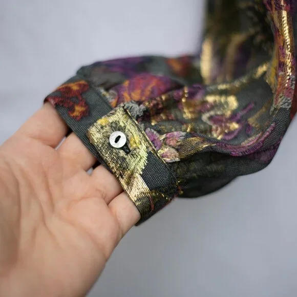 Nicole Miller Artelier M Silk Floral Boho Top Gold Metallic Off-Shoulder Blouse - Picture 3 of 11